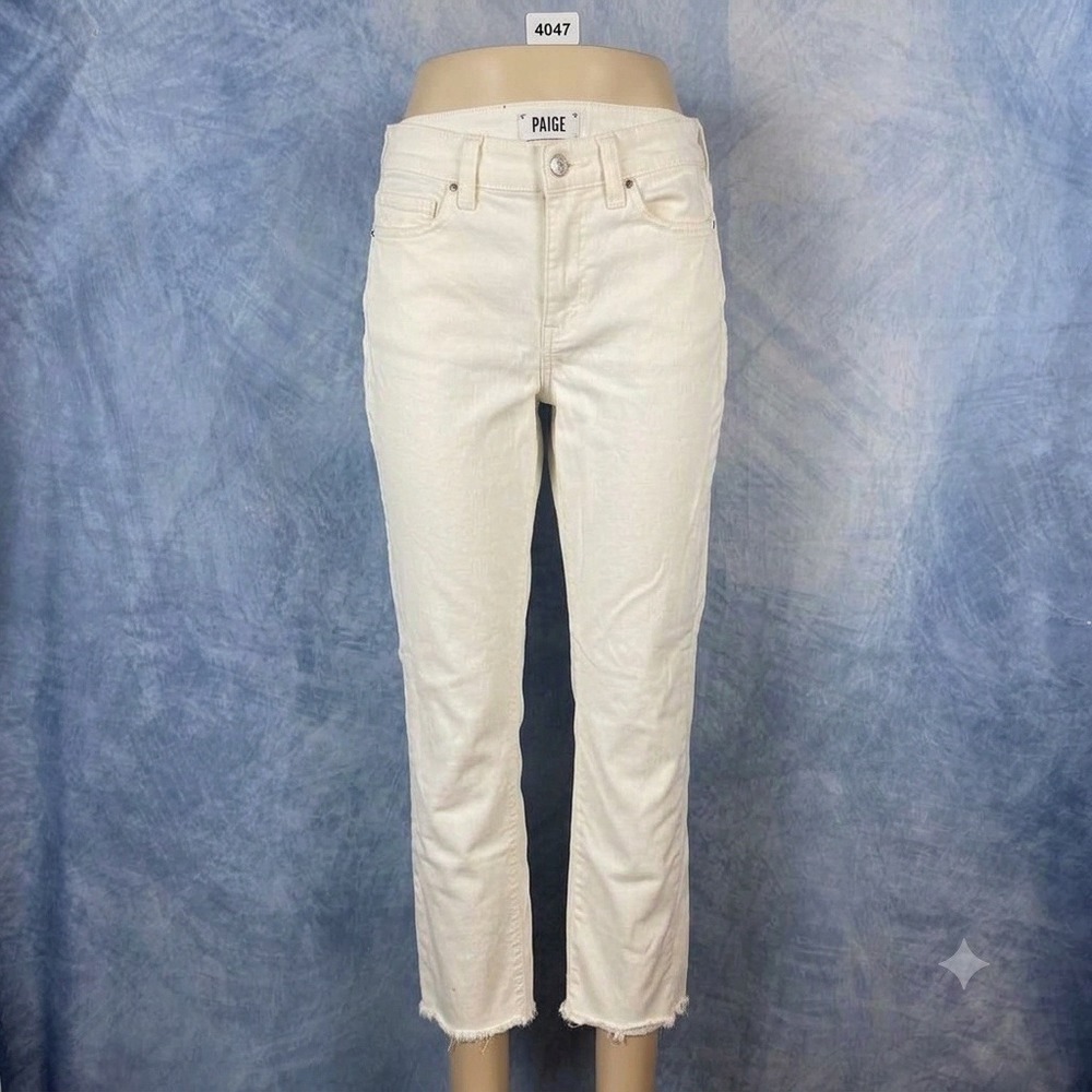 Paige Cindy High Rise Straight Leg Jeans White Raw Hem Size 28
